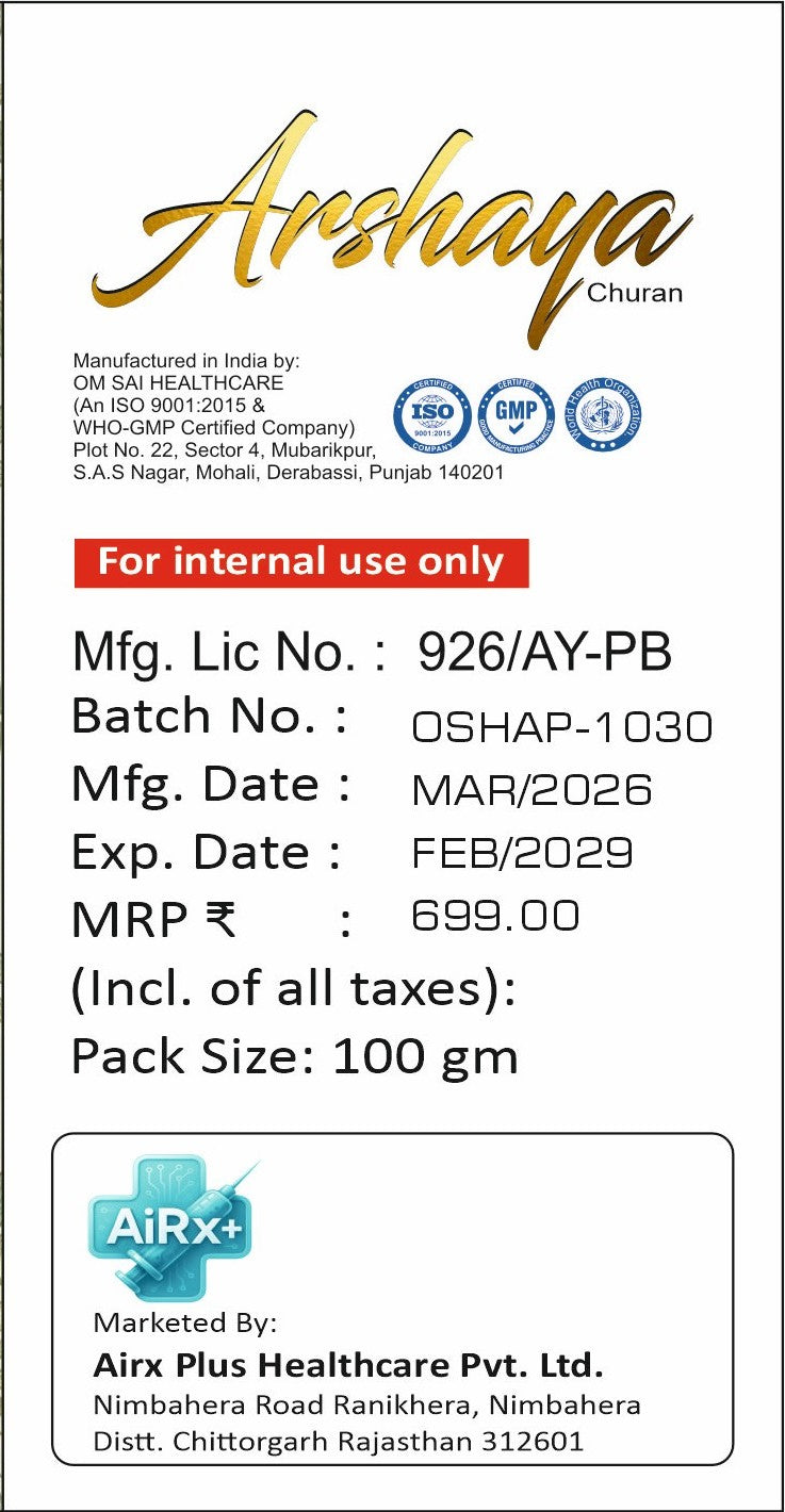 Arshaya Churan - अर्शाय चूर्ण | Premium Ayurvedic Piles Relief Formula | 100gm trial Offer 290