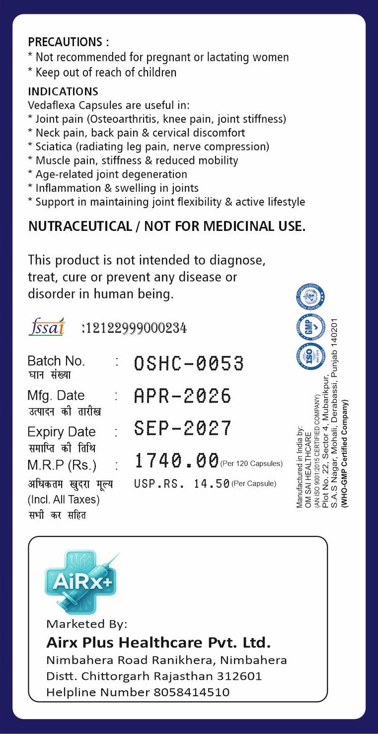 Vedaflexa Complete Joint & Nerve Care Combo (Capsule + Churna + 2x Pain Oil)