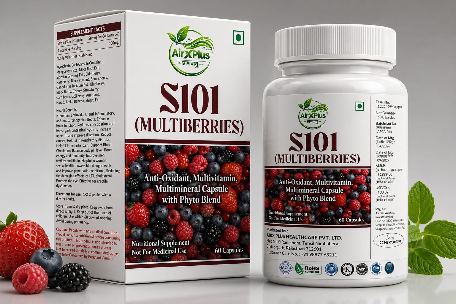 AirX Plus S101 Multiberries – Anti-Oxidant, Multivitamin, Multimineral Capsule with Phyto Blend (60 Capsules)